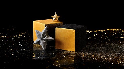 A black background with two gold boxes and a star, the image has a festive and celebratory mood