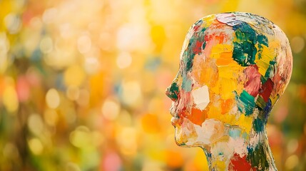 Abstract Faceless Head with Colorful Paint Against Blurred Background