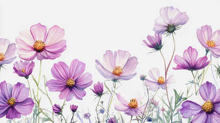 watercolor botanical Cosmos flowers texture template background.Elegant wedding invitation card background . Minimal hand painted Design for wedding or Valentine's Day