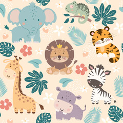 Seamless pattern with cute African animals. Elephant, tiger, lion, giraffe, hippo, zebra and chameleon. Vector illustration.