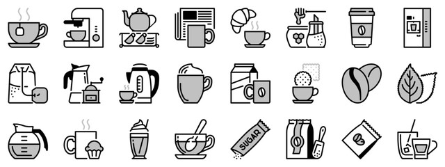 Icons in two tones about coffee and tea