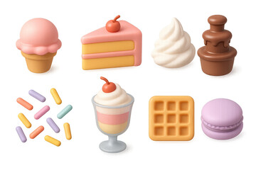 Delicious dessert icons set - 3d style for bakery, sweets, and confectionery branding: ice cream, cake slice, whipped cream, chocolate fountain, sprinkles, dessert glass, waffle, macaron.