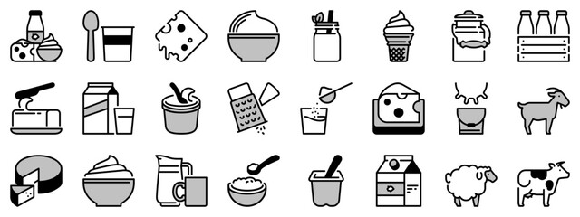 Icons in two tones about dairy products.
