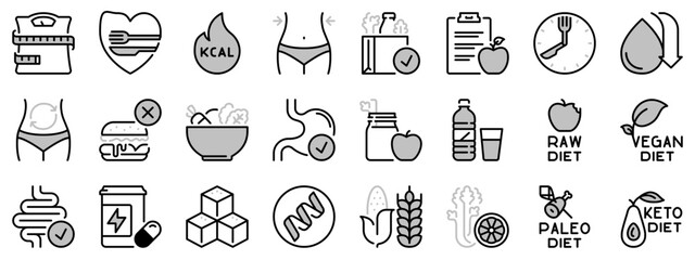Icons in two tones about diet, healthy food.