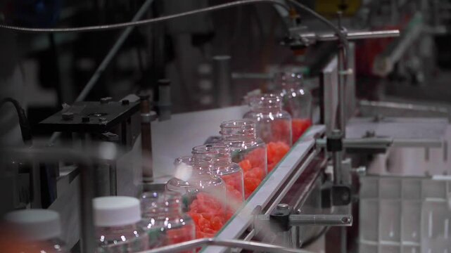 Gummy bears jars at the production line on a candy factory