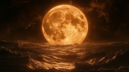 Fototapeta premium The illustration, Mystic Tide, depicts a large orange moon hanging over dark ocean waves