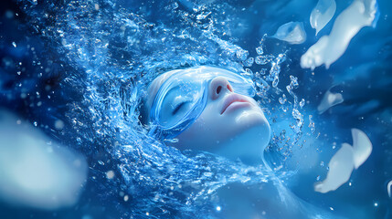 Fototapeta premium A surreal and conceptual scene where a sleep mask character is diving into a tranquil underwater-like. Subconscious Drift. Illustration