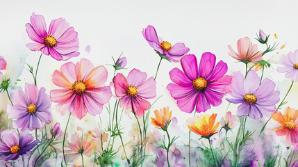 watercolor botanical Cosmos flowers texture template background.Elegant wedding invitation card background . Minimal hand painted Design for wedding or Valentine's Day