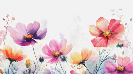 watercolor botanical Cosmos flowers texture template background.Elegant wedding invitation card background . Minimal hand painted Design for wedding or Valentine's Day