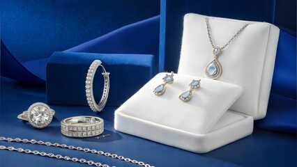 Exquisite diamond jewelry displayed against a deep blue background. (Jewelry)