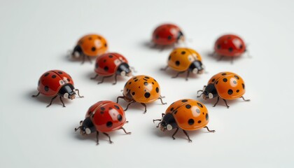 A group of ladybugs with red and orange shells on a white surface in a close up studio shot
