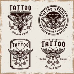 Obraz premium Tattoo studio set of emblems with moth and tattoo machine. Vintage style vector illustration in gothic and old school style. Perfect for tattoo designs, prints, and artistic compositions