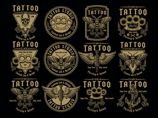 Tattoo studio set of emblems with elements like tattoo machines, anchors, skulls, needles, moth or brass knuckles. Vector illustrations for labels, badges, prints, and branding