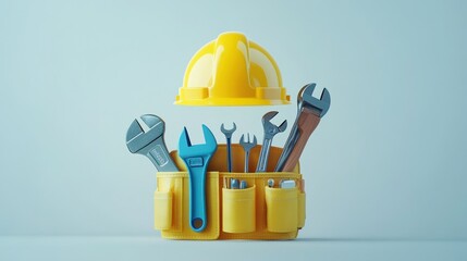 Tools, helmet, construction, repair, background, blue, studio, safety, website, banner