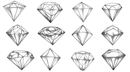 Twelve diamond sketches; jewelry design; white background; graphic design