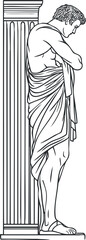 Black and white line art of a classical ancient Greek or Roman statue of a thoughtful male figure draped in cloth standing by a column.