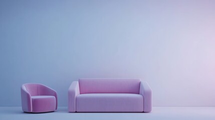 Pink sofa and armchair in minimalist room. Interior design, website mockup