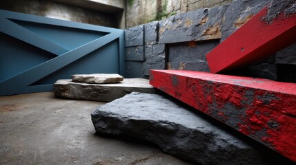 Modern architectural elements with bold color accents and textured stone surfaces in an outdoor setting