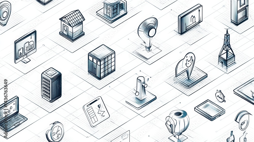Fototapete isometric icons and digital symbols arranged on a clean grid background showcasing modern design ele