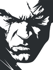 Black and white vector illustration of an angry male face with intense expression and strong shadows