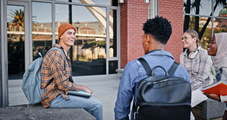 College, students and laughing outdoor on campus with university talk, conversation or happy for education. Friends, circle and people with learning, break or study group for scholarship or knowledge