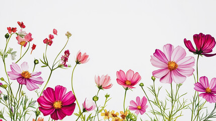 watercolor botanical Cosmos flowers texture template background.Elegant wedding invitation card background . Minimal hand painted Design for wedding or Valentine's Day