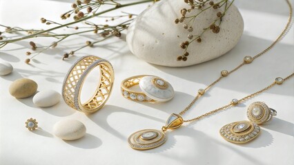 Naklejka premium Luxurious Gold and Silver Jewelry with Natural Gemstones and Elegant Shadows on White Background 
