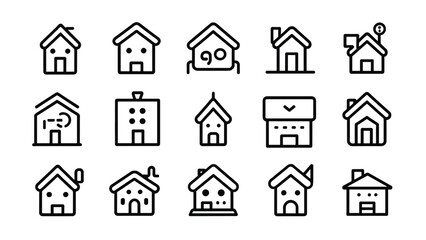 Fifteen house icons are arranged on a three-by-five grid. The black icons have a white background and represent houses with different architectural styles