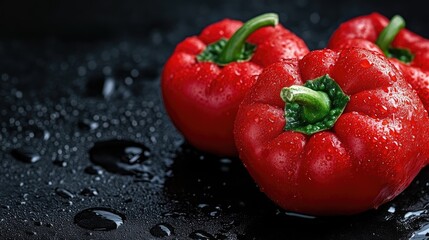 Fresh red bell peppers, close-up.  Water droplets on dark surface