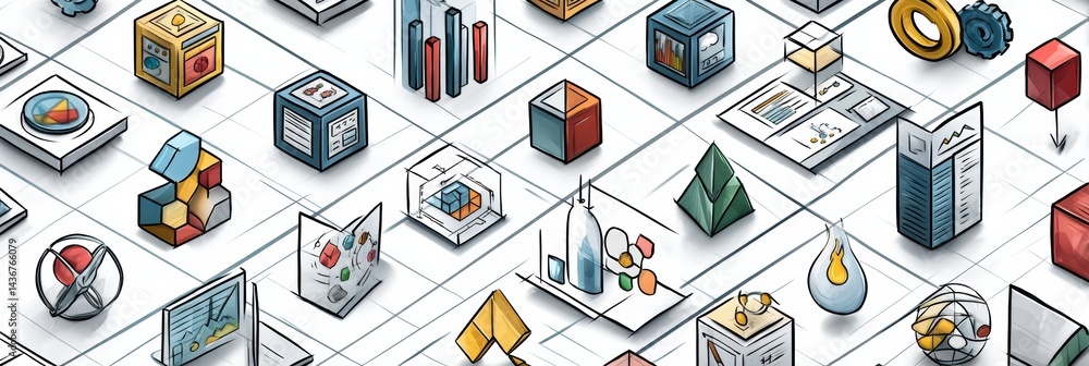 Poster Isometric Icons and Digital Symbols Arranged on a Clean Grid Background Showcasing Modern Graphic Design in Digital Interfaces