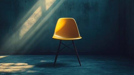 Empty yellow chair in a dark room, bathed in sunlight