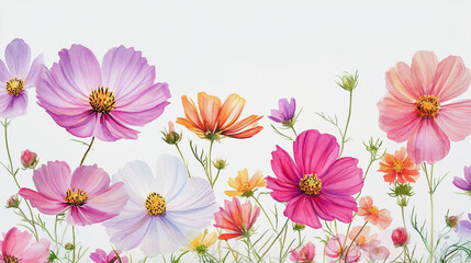 Fototapeta premium watercolor botanical Cosmos flowers texture template background.Elegant wedding invitation card background . Minimal hand painted Design for wedding or Valentine's Day
