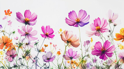 Fototapeta premium watercolor botanical Cosmos flowers texture template background.Elegant wedding invitation card background . Minimal hand painted Design for wedding or Valentine's Day