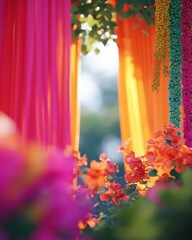 Vibrant scene featuring colorful drapes and blooming flowers, creating a lively and cheerful atmosphere.
