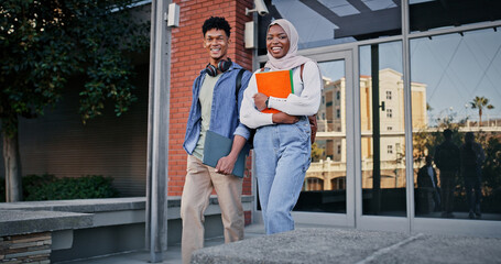 Muslim, portrait or students walking in college to class for learning, future or studying in university. Diversity, smile or happy people with books or confidence for school, education or scholarship