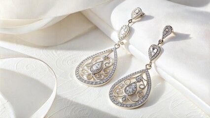 Close-up of elegant earrings on a white background with soft shadows. Women&rsquo;s accessories. (Jewelry)