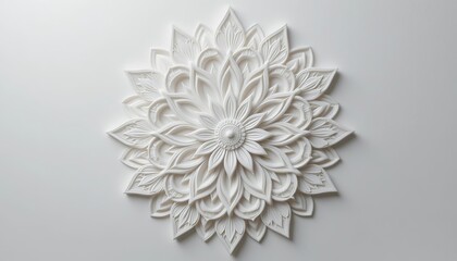 A white floral plaster rosette with layered petals on a white background in a studio setting