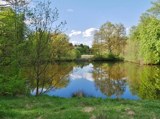 Ohlsdorfer Friedhof mit Teich und Parkbank