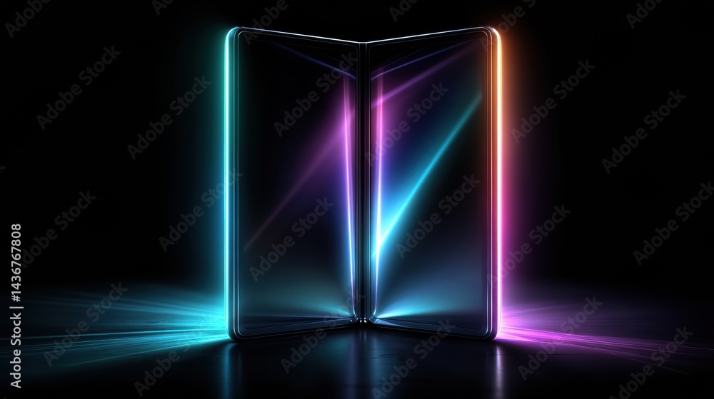 Poster futuristic foldable smartphone unfolds with vibrant neon screen illuminating the surrounding space