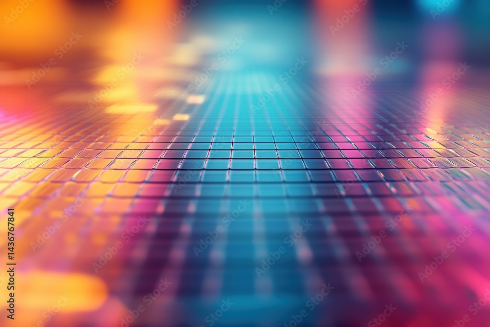 Poster an abstract image showcasing a colorful reflective surface with vibrant lights creating a dynamic at