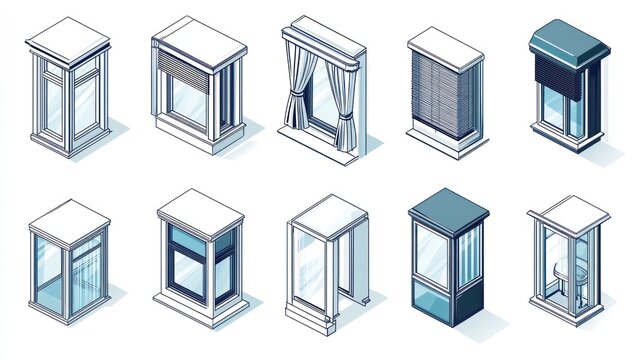 Isometric window styles blinds, curtains, frames. Interior design guide