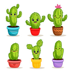 Set of cute cartoon cactus with eyes on the white background. Cactus in flat style for magazine, cards, games, books. Funny cacti. 