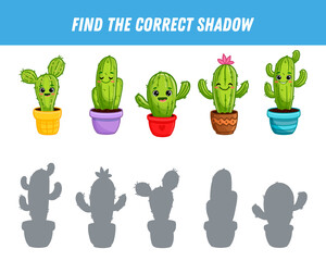 Find the correct shadow of cactus. Educational logic game for children. Cute cartoon cacti characters.