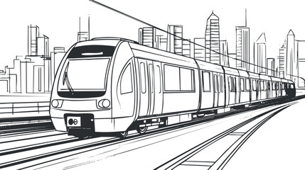 Naklejka premium Black and white line drawing of a modern urban train traveling on railway tracks through a cityscape with tall buildings.