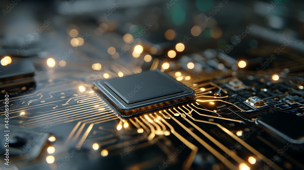 Poster A close up view of microchip on circuit board, showcasing intricate details and glowing connections