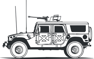Side view illustration of a military armored vehicle equipped with a mounted machine gun for combat and defense purposes