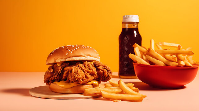 Juicy fried chicken burger with french fries on pastel yellow background