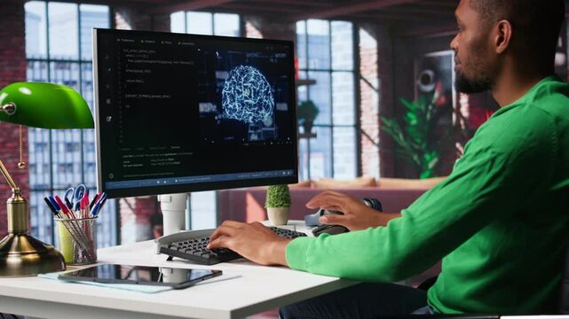System administrator programming AI brain computerized model of neural network for machine learning, solving tasks on computer. Debugging software algorithm and checking for errors. Camera B.