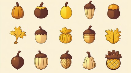 Autumn harvest icons acorns, pumpkins, oak leaves; fall design elements