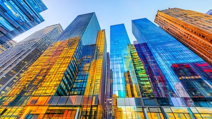 Vibrant Reflection of Towering Skyscrapers Against Clear Sky